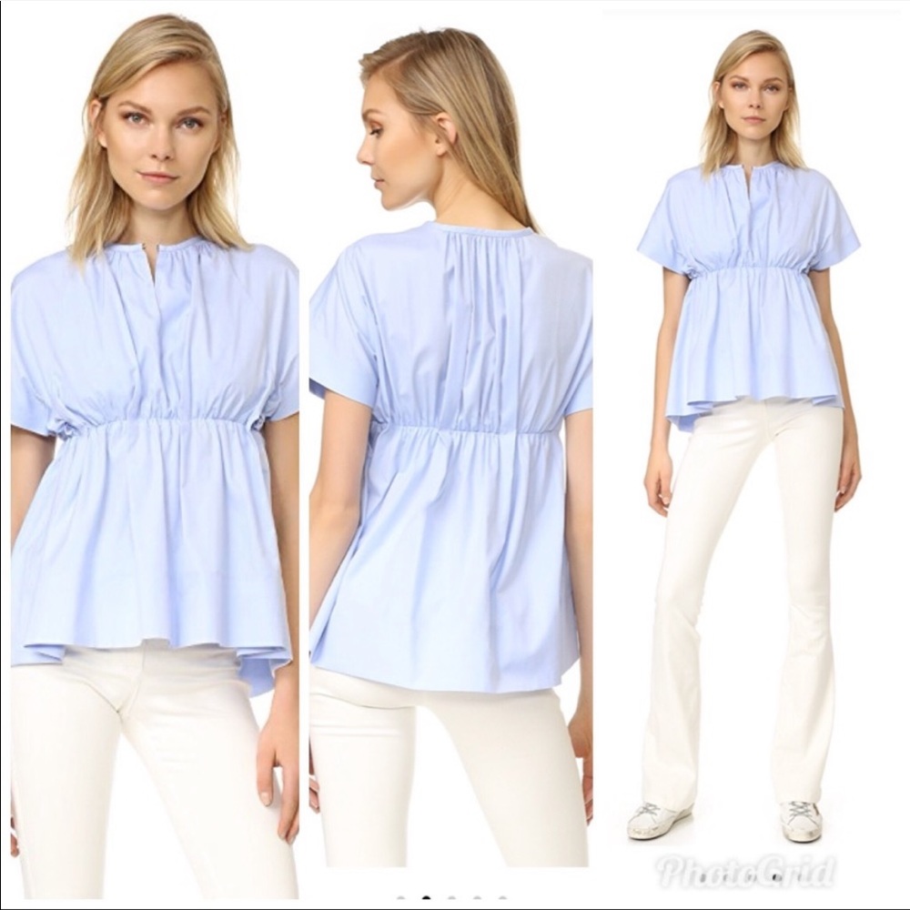 Victoria Beckham Gathered Empire Waist Poplin Top Blue Cotton Sz 6